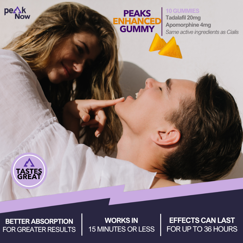 Peaks enhanced gummy Same active ingredients as Cialis Better absorption for greater results works in 15 minutes or less effects can last for up to 36 hours 10 gummies Tadalafil 20mg Apomorphine 4mg