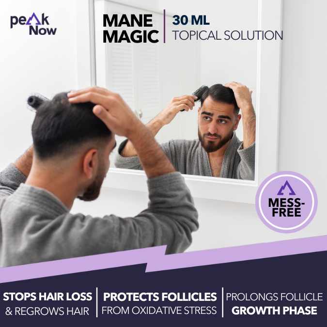 STOPS HAIR LOSS mane magic protects follicles PROLONGS FOLLICLE & regrows hair from oxidative stress GROWTH PHASE TOPICAL SOLUTION 30 ML MESS-FREE