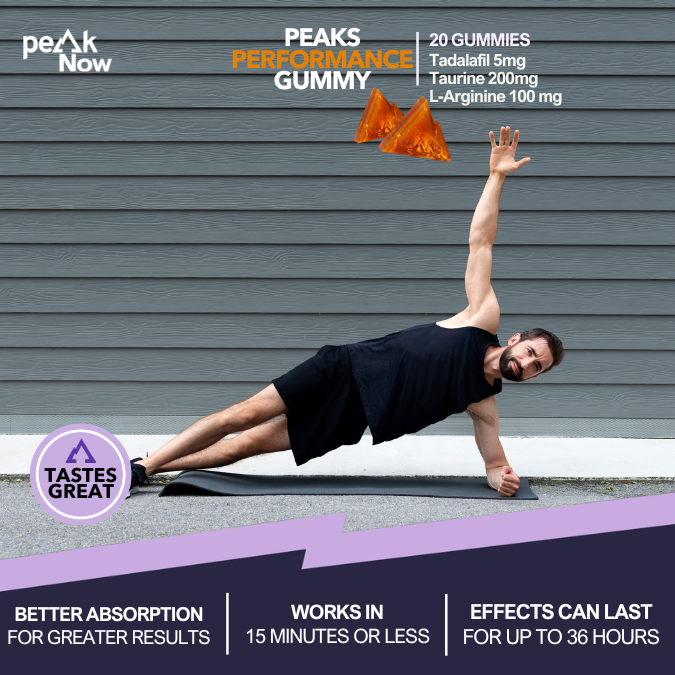Peaks performancegummy 20 gummies Tadalafil 5mg Taurine 200mg L-Arginine 100 mg Better absorption for greater results works in 15 minutes or less effects can last for up to 36 hours TASTESGREAT